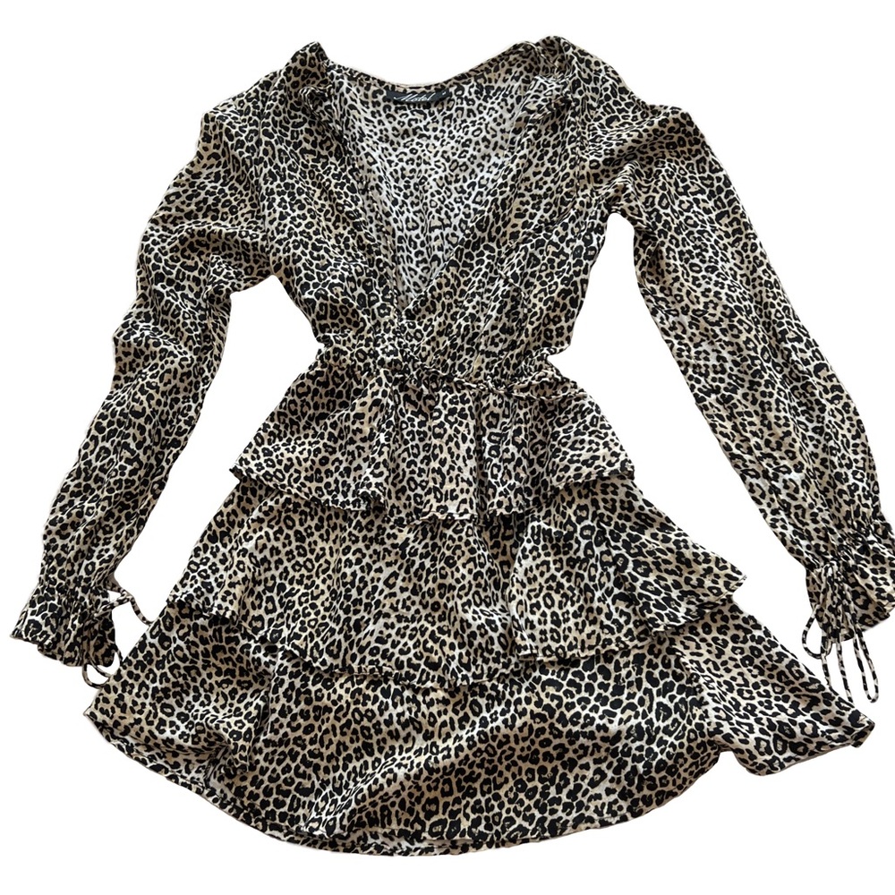 Animal Print Long Sleeve Ruffle Mini Dress